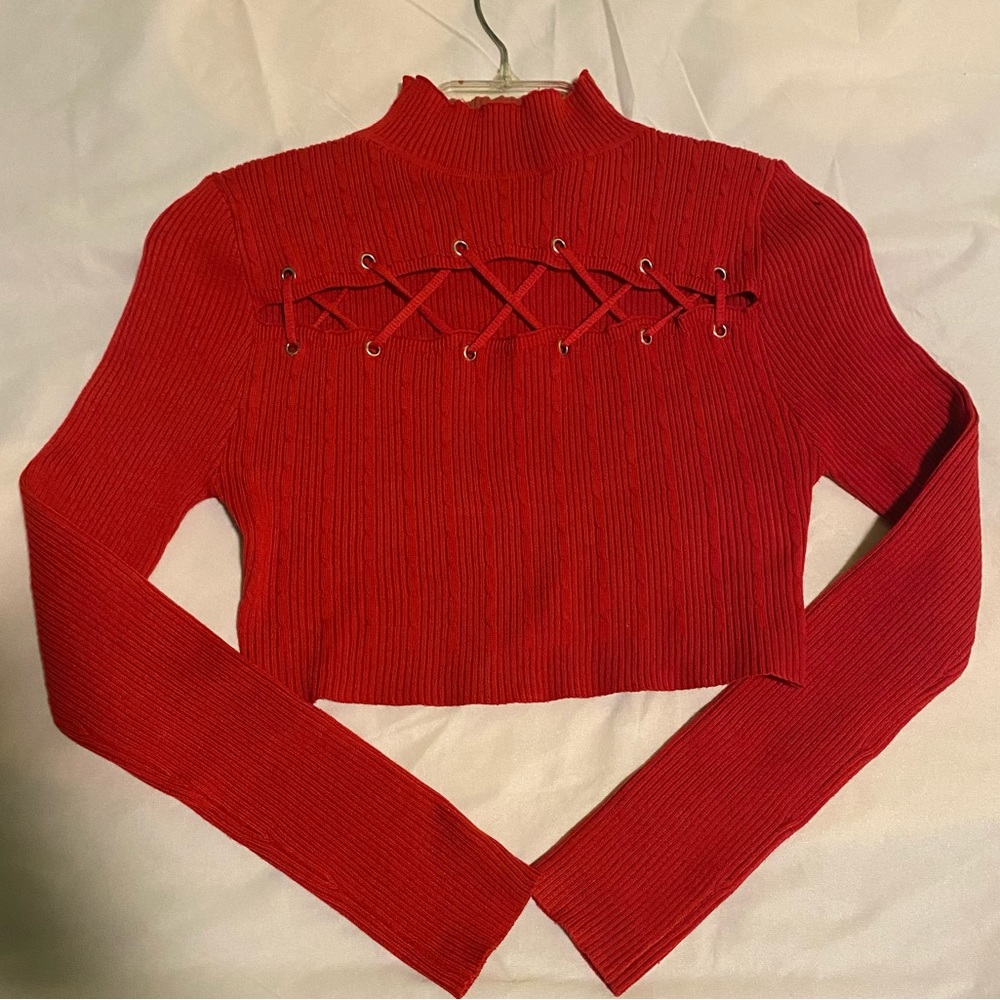 Red Longsleeve Crop Sweater Cutout Top Never Worn